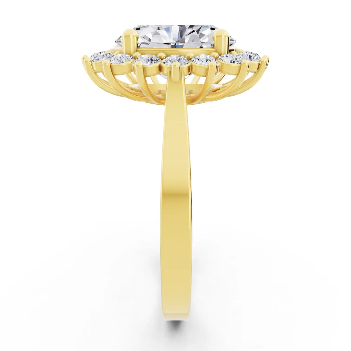 14 KT Yellow Gold Oval Cut Diamond Floral Halo Ring - Side view