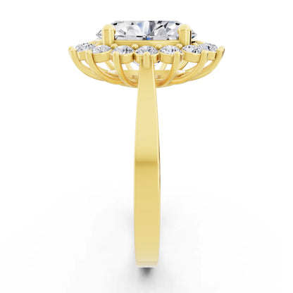 14 KT Yellow Gold Oval Cut Diamond Floral Halo Ring - Side view