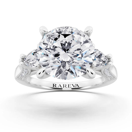 Platinum Round Cut Diamond Three Stone Pear Accent Vintage Pave Ring - front view