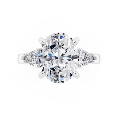 18 KT White Gold Oval Cut Diamond Three Stone Pear Accent Vintage Pave Ring - top angle