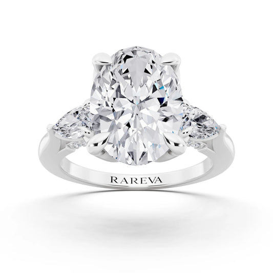 14 KT White Gold Oval Cut Diamond Cluster Engagement Ring with Pear Accents and Pavé Band - front view