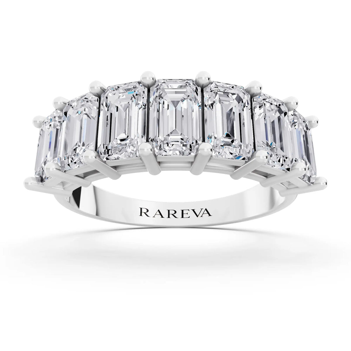 10K White Gold Seven Stone Emerald Cut Diamond Half Eternity Wedding Band - 2.2mm - Front