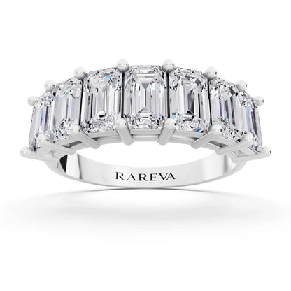 10K White Gold Seven Stone Emerald Cut Diamond Half Eternity Wedding Band - 2.2mm - Front