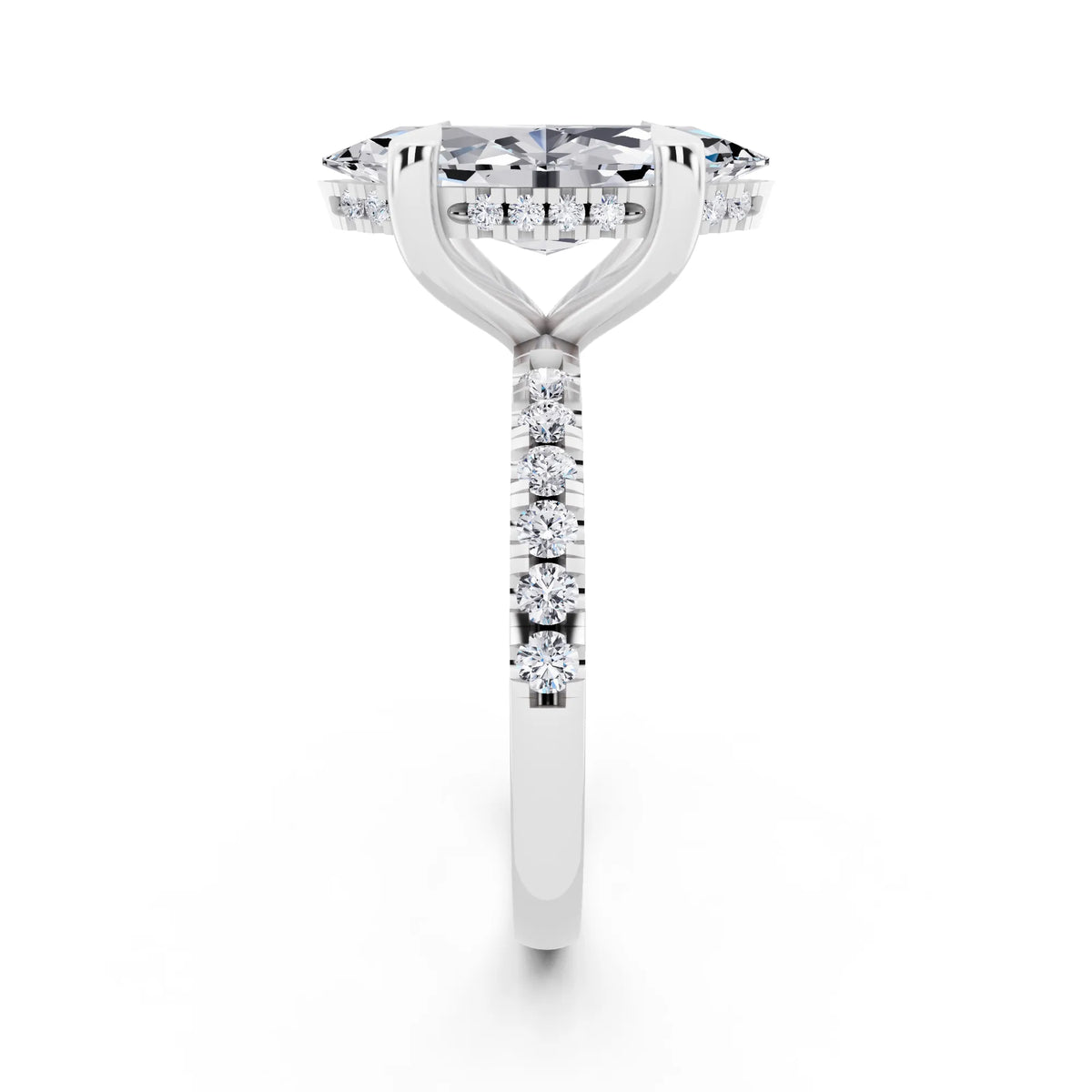 Platinum Marquise Cut Diamond Solitaire Ring with Round Pavé Band and Prong Setting - side view