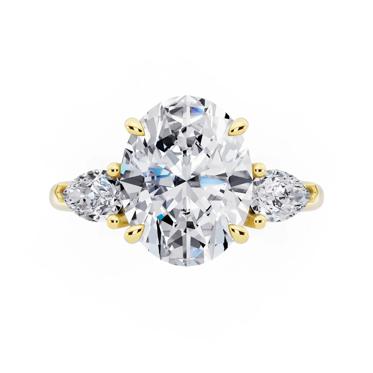 18 KT Yellow Gold Oval Cut Diamond Three Stone Pear Accent Ring - top angle