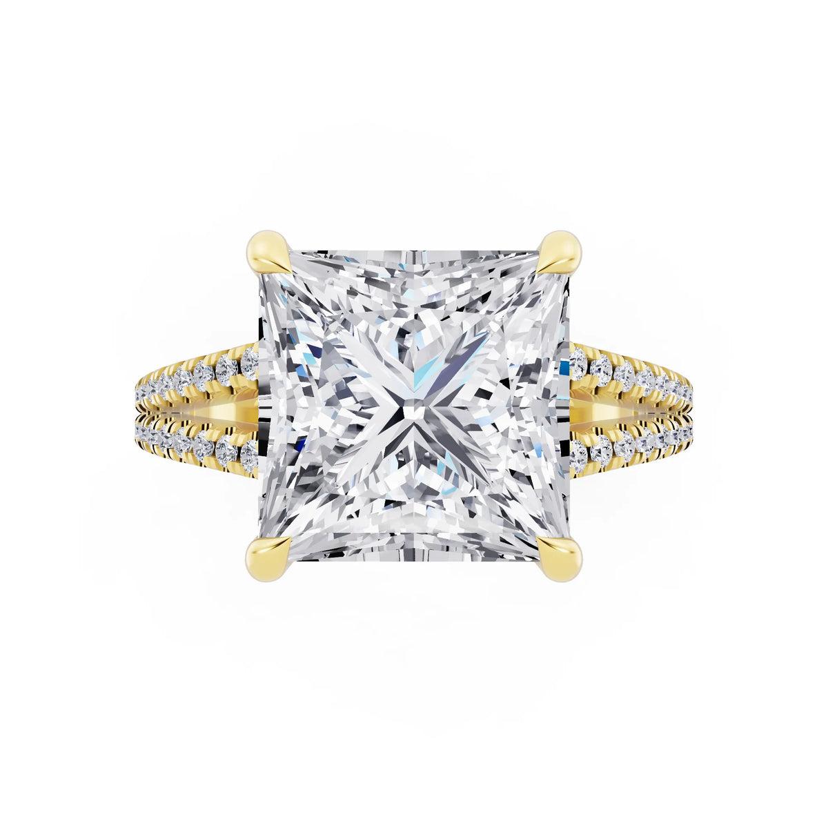14 KT Yellow Gold Princess Cut Diamond Ring with Pavé Split Shank - top angle