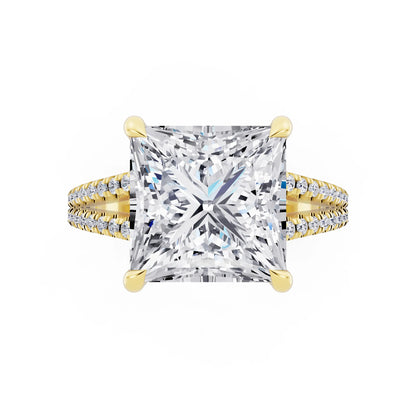 14 KT Yellow Gold Princess Cut Diamond Ring with Pavé Split Shank - top angle
