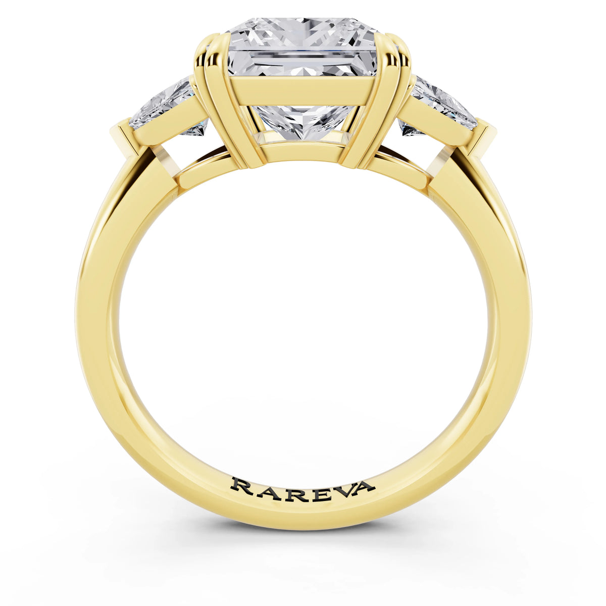 14 KT Yellow Gold Princess Cut Diamond Three Stone Ring with Trillion Accents - through finger