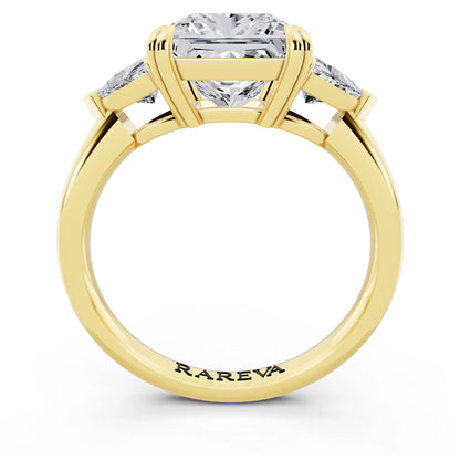 14 KT Yellow Gold Princess Cut Diamond Three Stone Ring with Trillion Accents - through finger