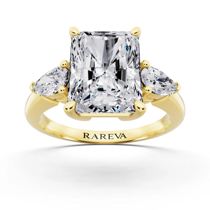 14 KT Yellow Gold Radiant Cut Diamond Three Stone Pear Accent Ring - front view