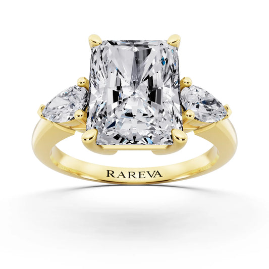 14 KT Yellow Gold Radiant Cut Diamond Three Stone Pear Accent Ring - front view