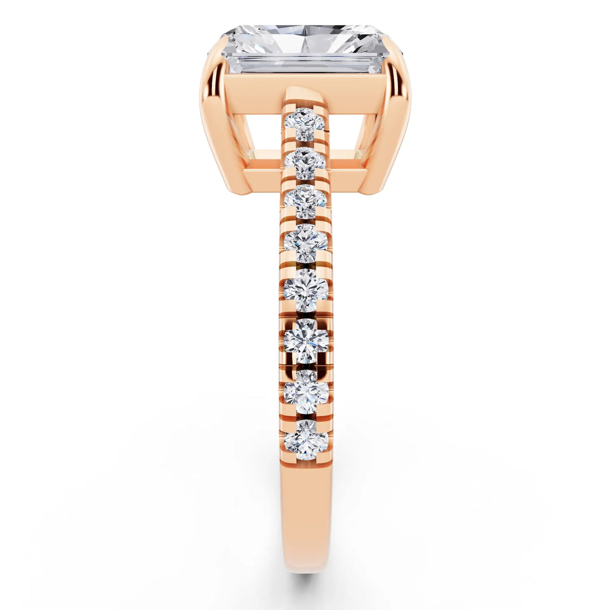 18 KT Rose Gold Radiant Cut Diamond Claw Prong Solitaire Ring with French Pave Band - side view