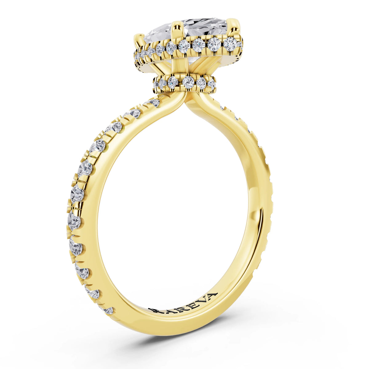 18 KT Yellow Gold Marquise Cut Diamond Hidden Halo Ring with Pave Band - top view