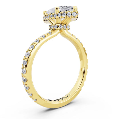 18 KT Yellow Gold Marquise Cut Diamond Hidden Halo Ring with Pave Band - top view