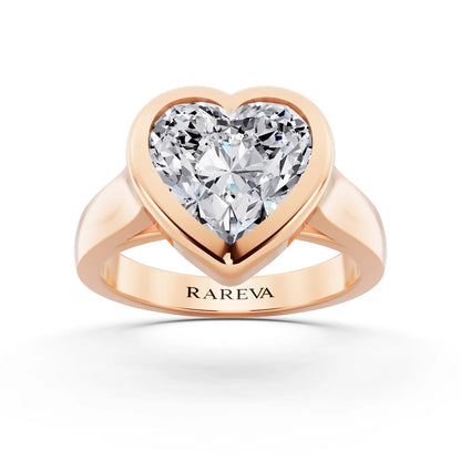 14 KT Rose Gold Heart Cut Diamond Bezel Set Solitaire Ring - front view