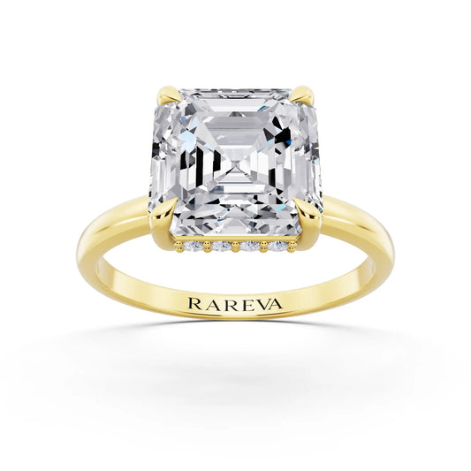 14 KT Yellow Gold Asscher Cut Diamond Hidden Halo Solitaire Ring - front view