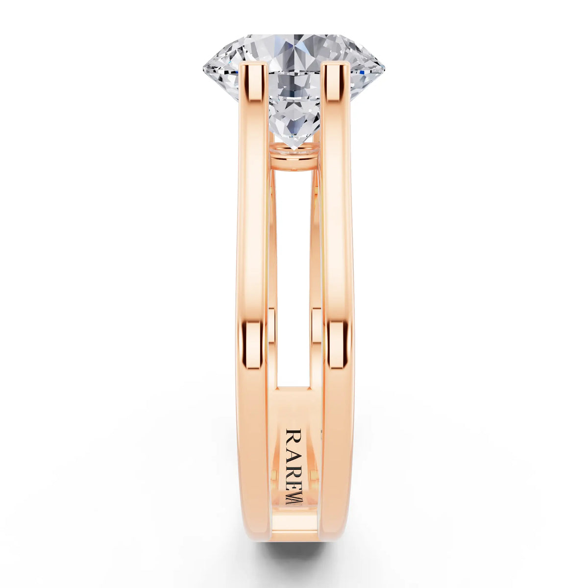18 KT Rose Gold Round Cut Diamond Solitaire Ring with Open Split Band - Side view