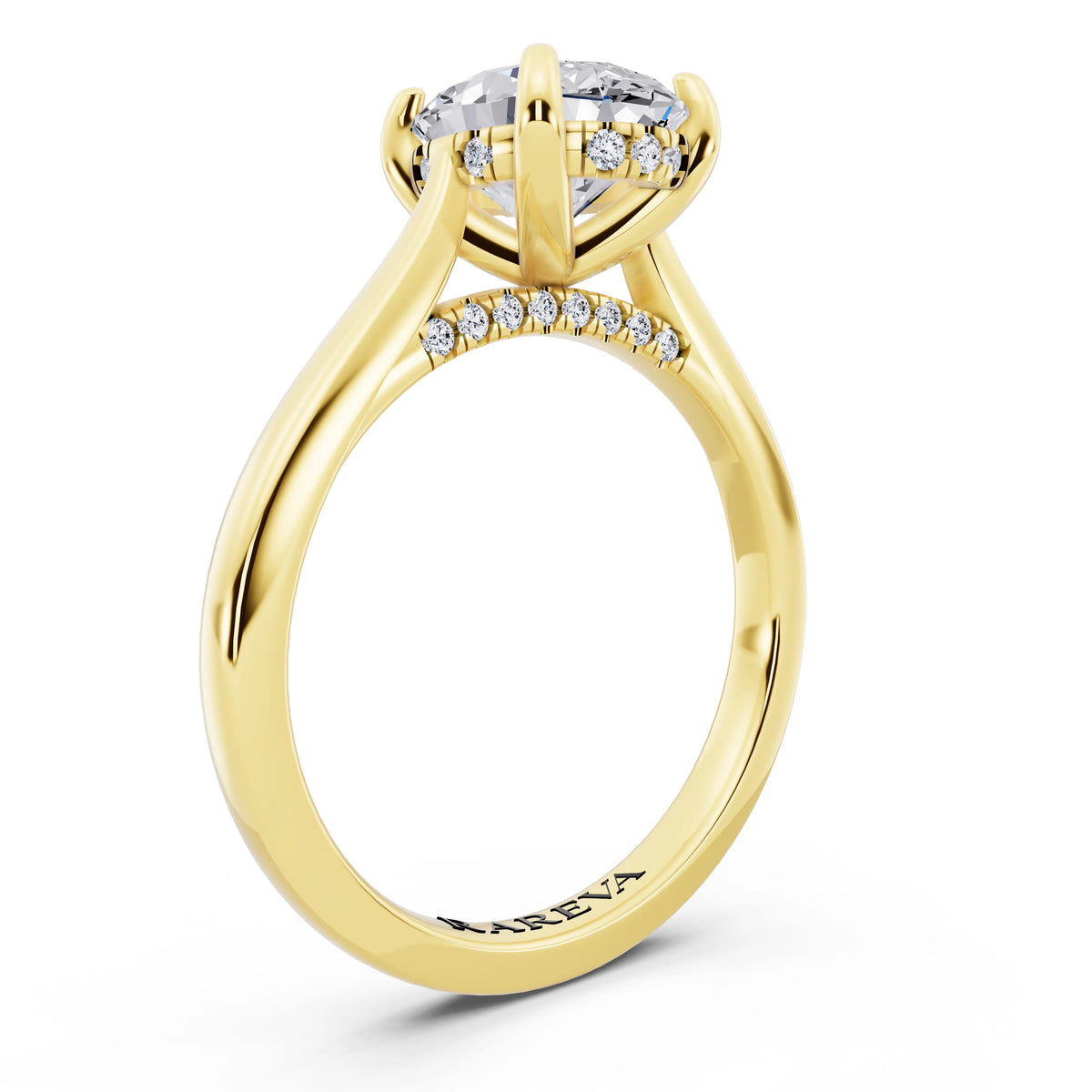 18 KT Yellow Gold Oval Cut Diamond Solitaire Ring with Cathedral Band - top view