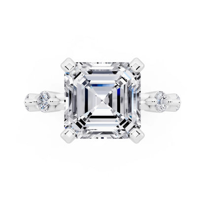 Platinum Asscher Cut Diamond Solitaire Ring with Floating Diamond Accents - top angle