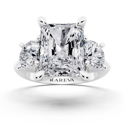 18 KT White Gold Radiant Cut Diamond Three Stone Ring with Round Accents - front view
