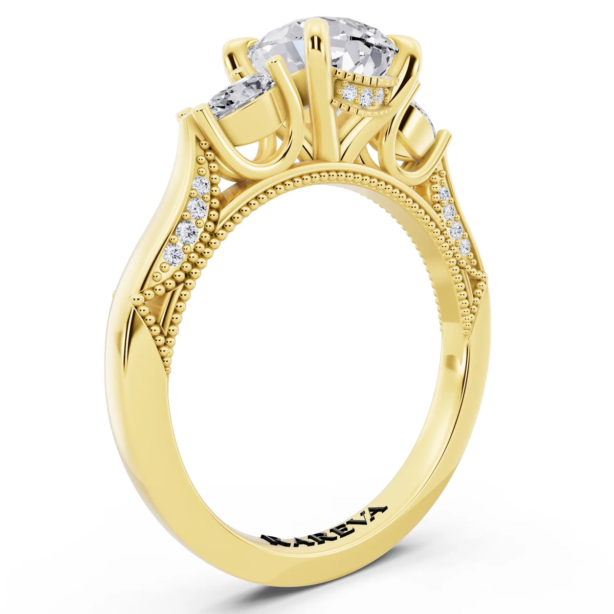 18 KT Yellow Gold Pear Cut Diamond Three Stone Pear Accent Vintage Pave Ring - top view