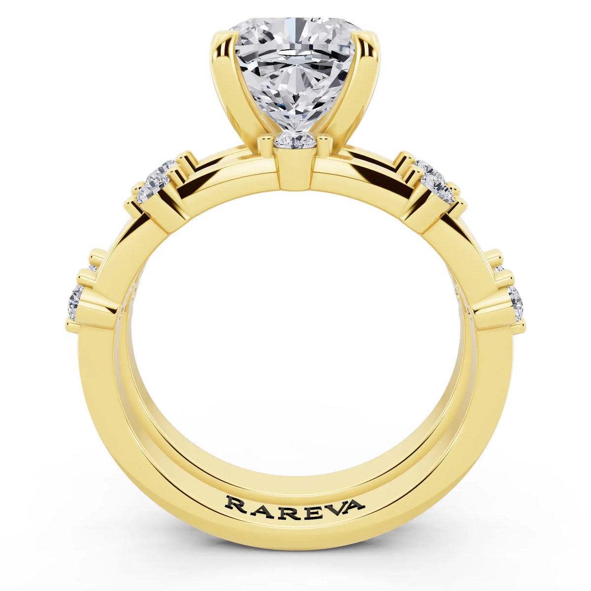 14 KT Yellow Gold Cushion Cut Diamond Ring with Floating Accent Band - through finger