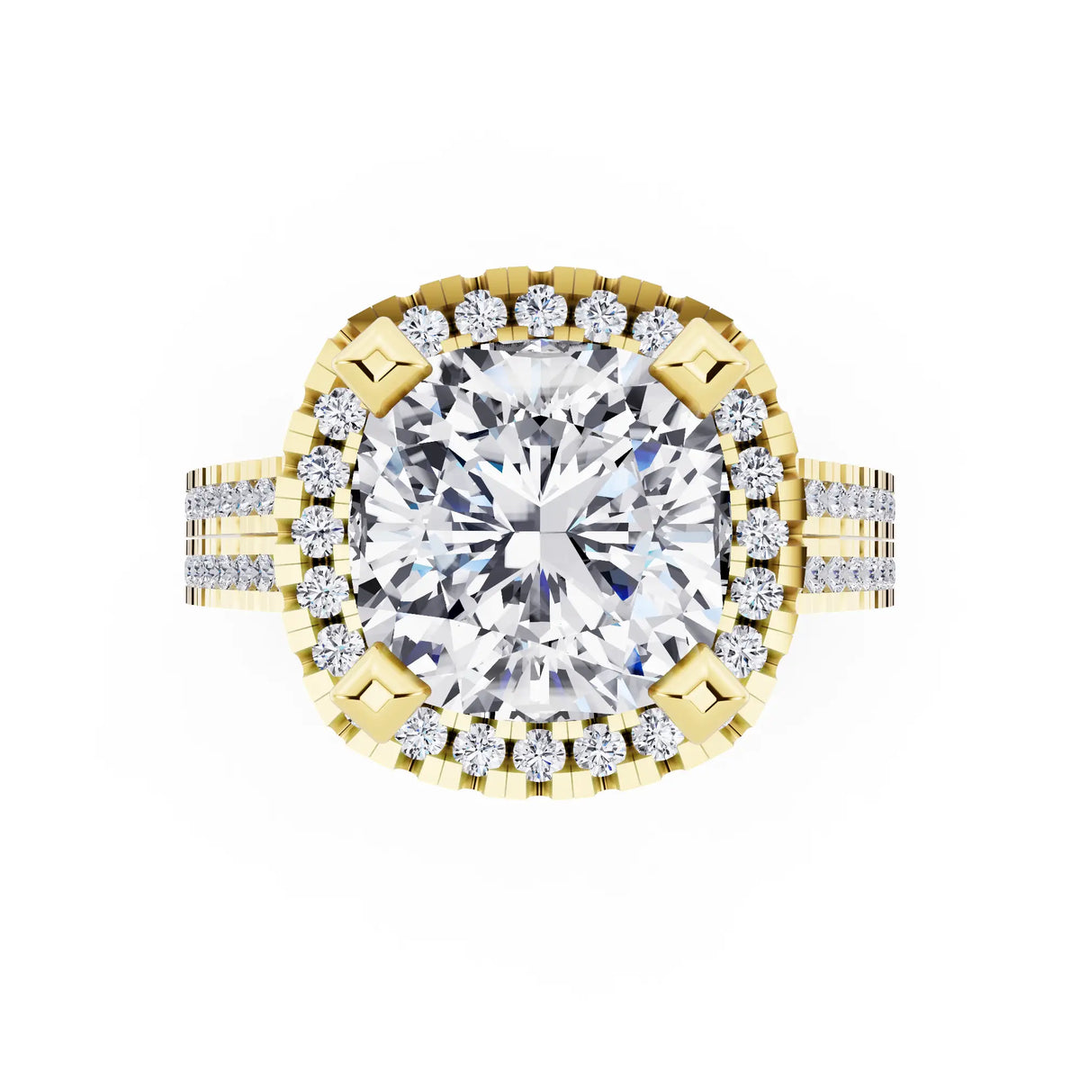 18 KT Yellow Gold Cushion Cut Diamond Halo Ring with Twin Pave Band - top angle