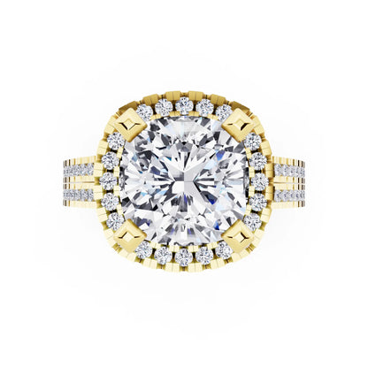 18 KT Yellow Gold Cushion Cut Diamond Halo Ring with Twin Pave Band - top angle