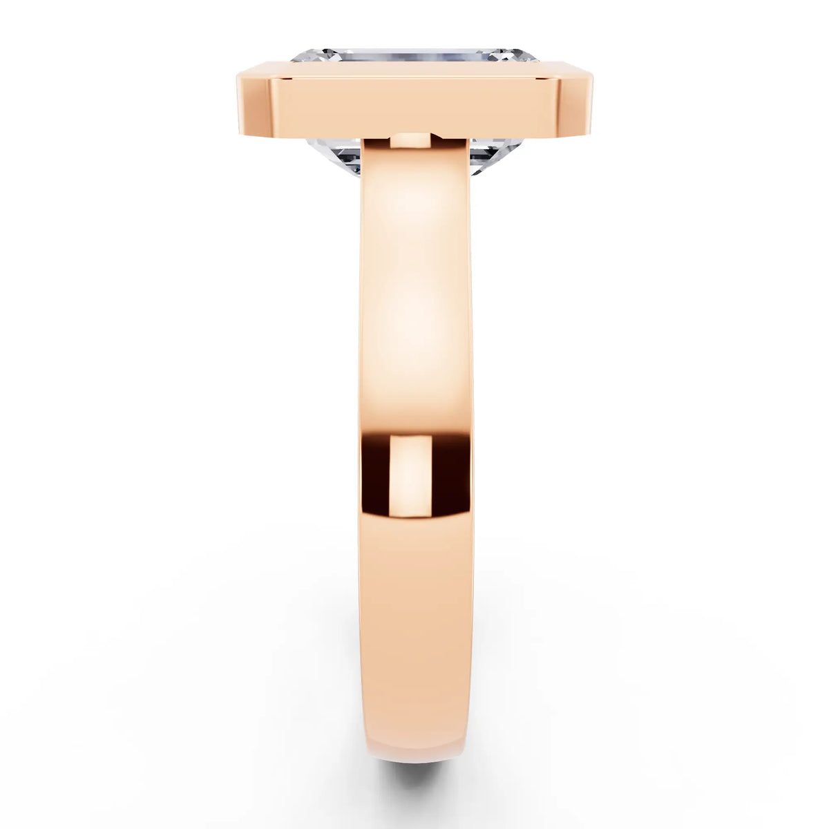 14 KT Rose Gold Emerald Cut Diamond Bezel Set Solitaire Ring - side view