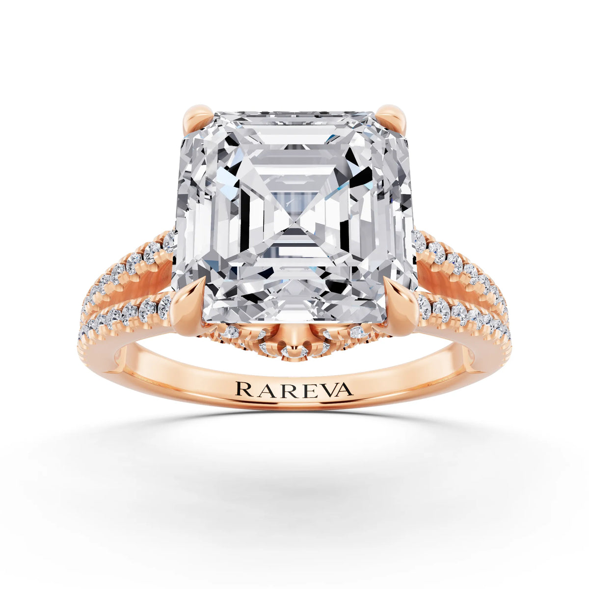 18 KT Rose Gold Asscher Cut Diamond Ring with Pavé Split Shank - front view