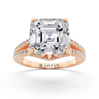 18 KT Rose Gold Asscher Cut Diamond Ring with Pavé Split Shank - front view