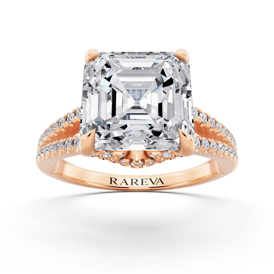 18 KT Rose Gold Asscher Cut Diamond Ring with Pavé Split Shank - front view