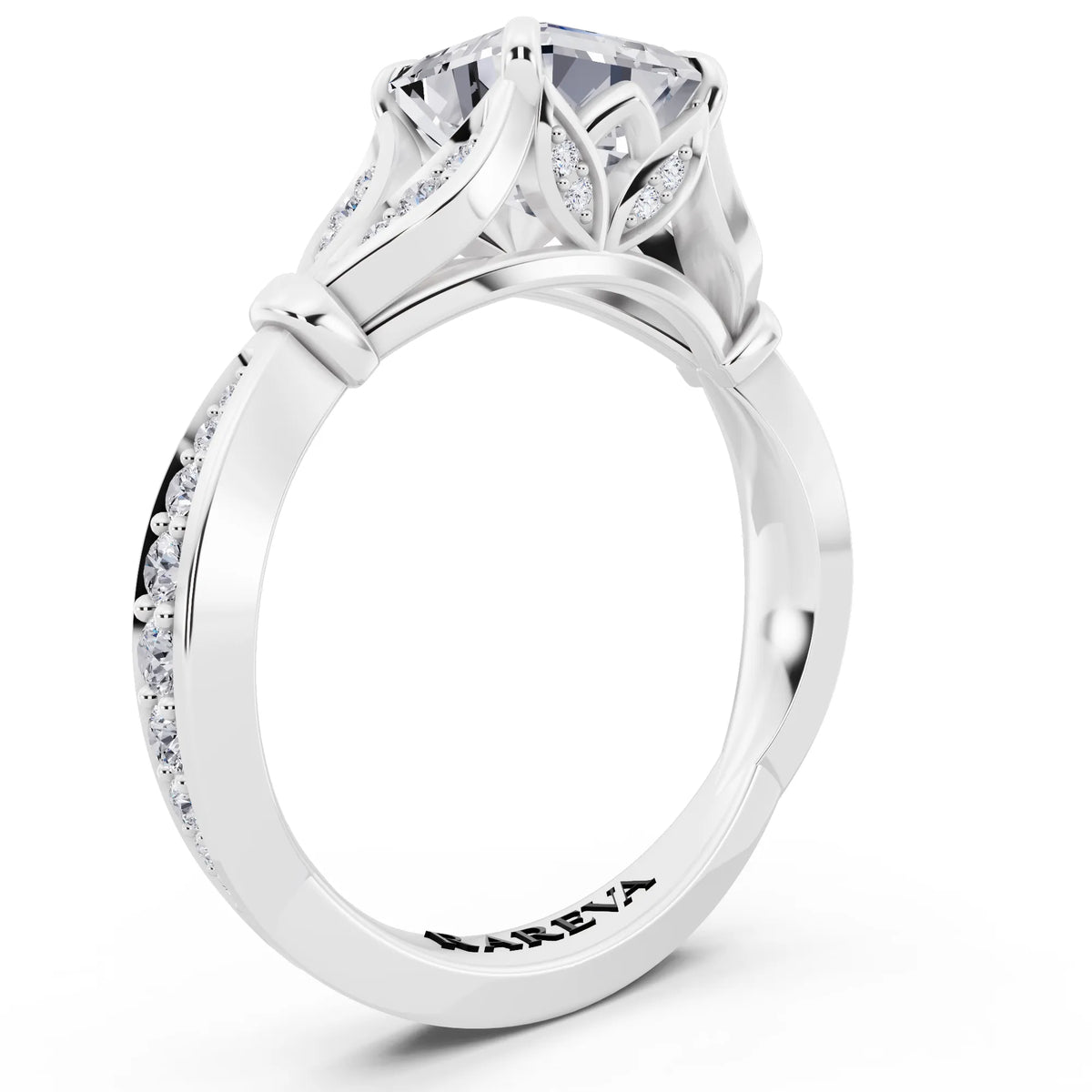 18 KT White Gold Asscher Cut Diamond Ring with Lotus Collar - top view