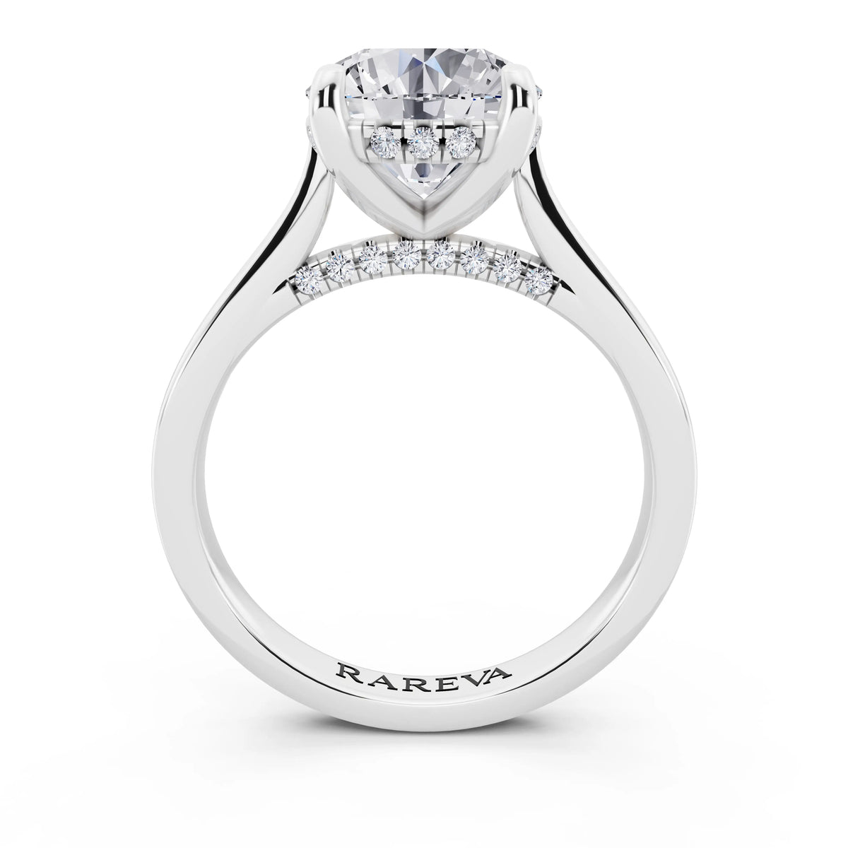 18 KT White Gold Round Cut Diamond Solitaire Ring with Cathedral Band - through finger