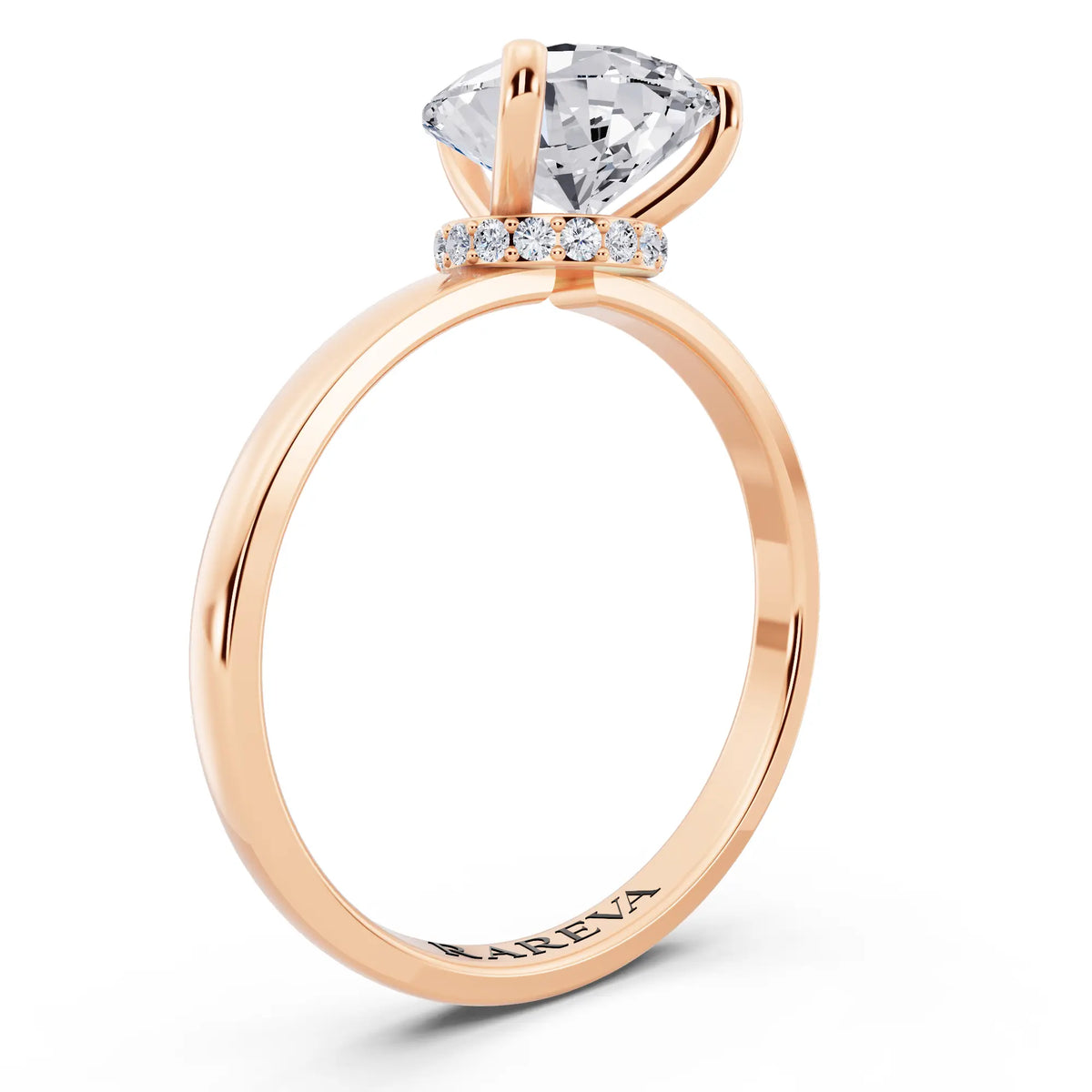 18 KT Rose Gold Pear Cut Diamond Solitaire Ring with Pave Collar - top view