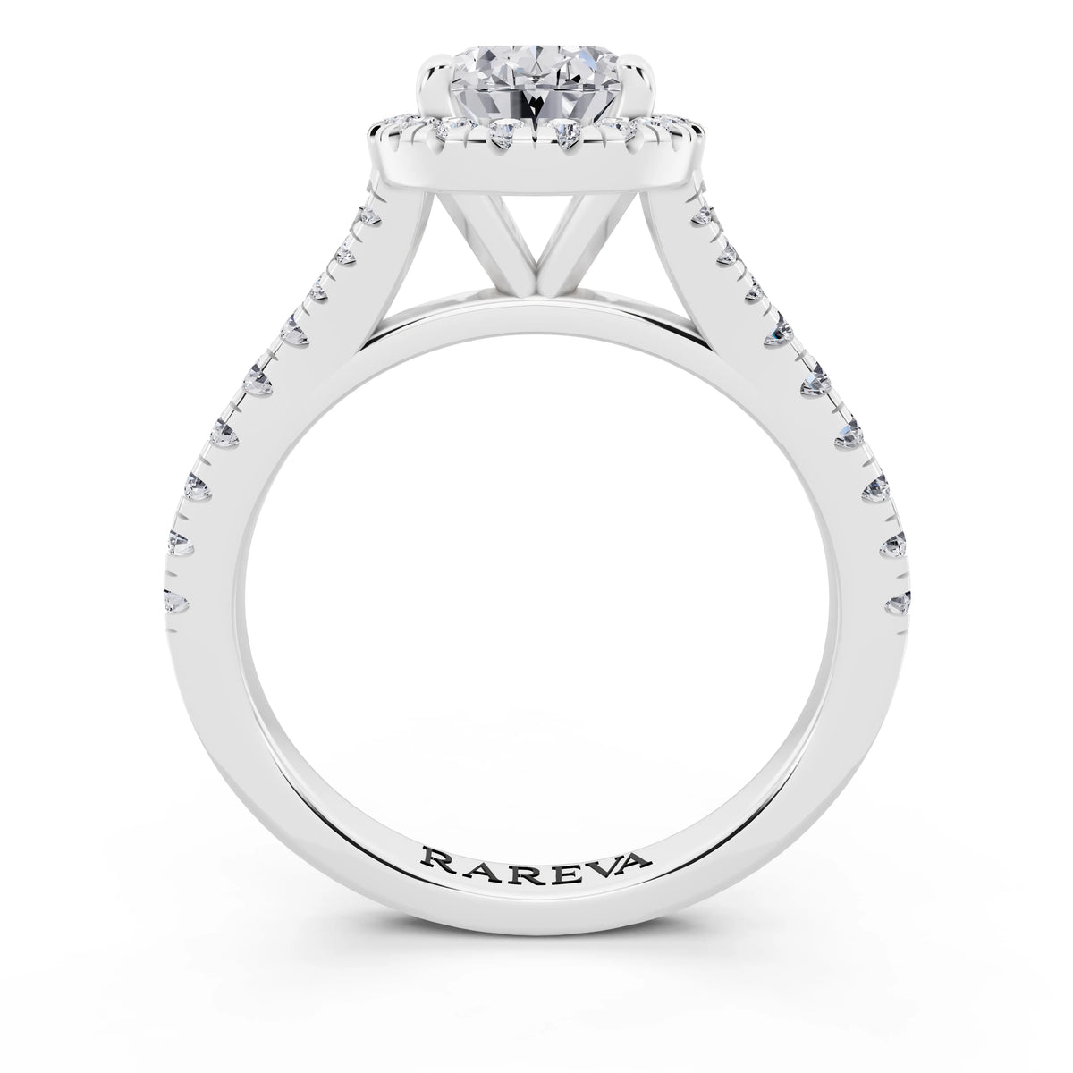 Platinum Oval Cut Diamond Halo Ring with Split Shank - through finger