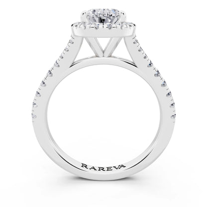 Platinum Oval Cut Diamond Halo Ring with Split Shank - through finger