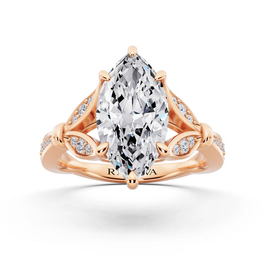 18 KT Rose Gold Marquise Cut Diamond Ring with Lotus Collar - front view