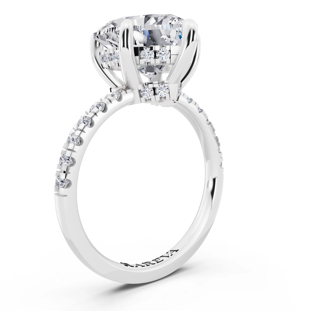 14 KT White Gold Heart Cut Diamond Hidden Halo Tiger Prong Pave Band Ring - top view
