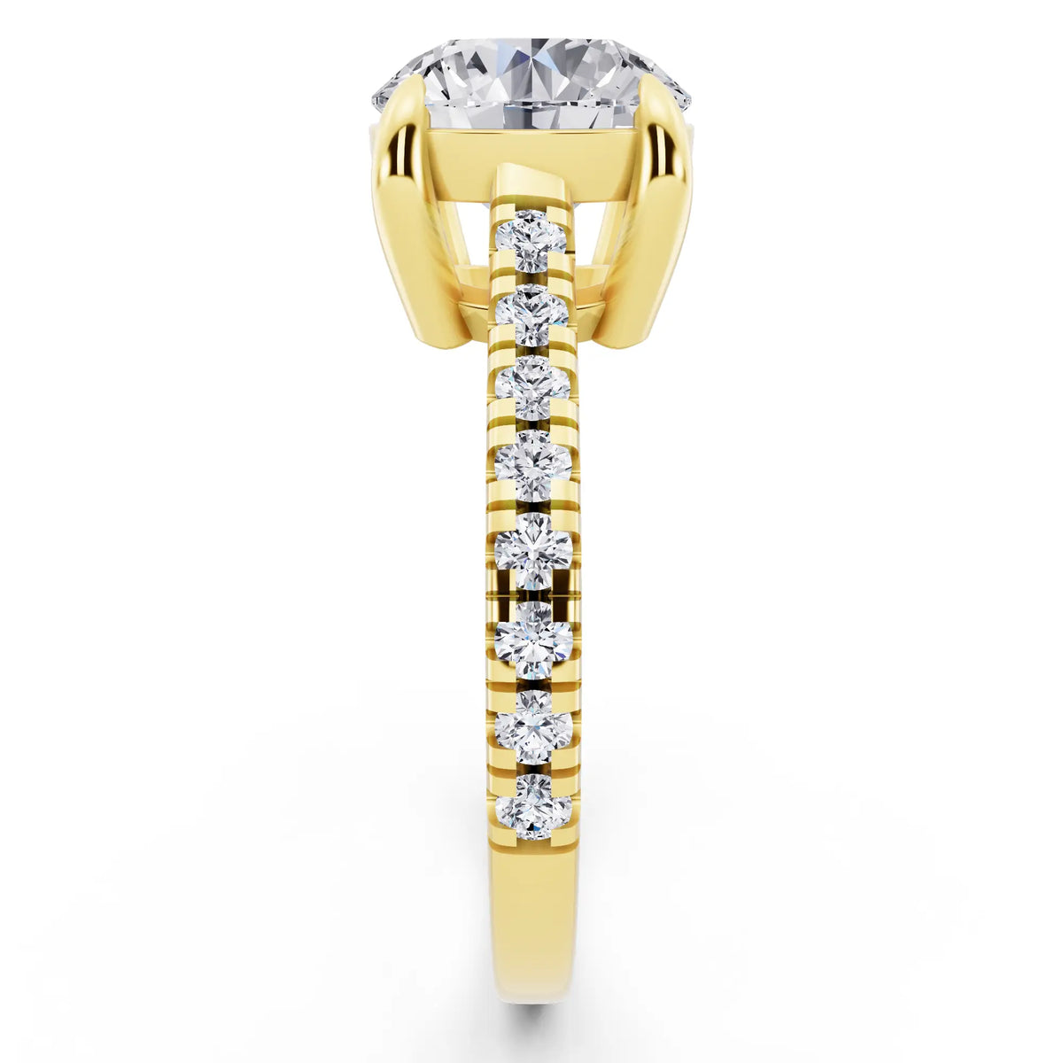 14 KT Yellow Gold Round Cut Diamond Claw Prong Solitaire Ring with French Pave Band - side view