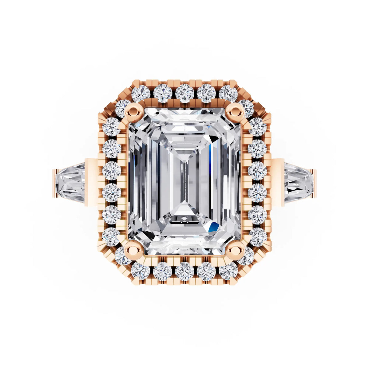18 KT Rose Gold Emerald Cut Diamond Halo Ring with Baguette Accents - top angle