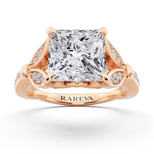 14 KT Rose Gold Princess Cut Diamond Ring with Lotus Collar - front view