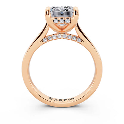 18 KT Rose Gold Emerald Cut Diamond Solitaire Ring with Cathedral Band - through finger