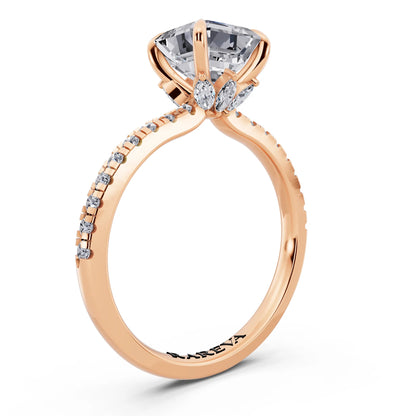 14 KT Rose Gold Asscher Cut Diamond Solitaire Ring with Marquise Collar - top view