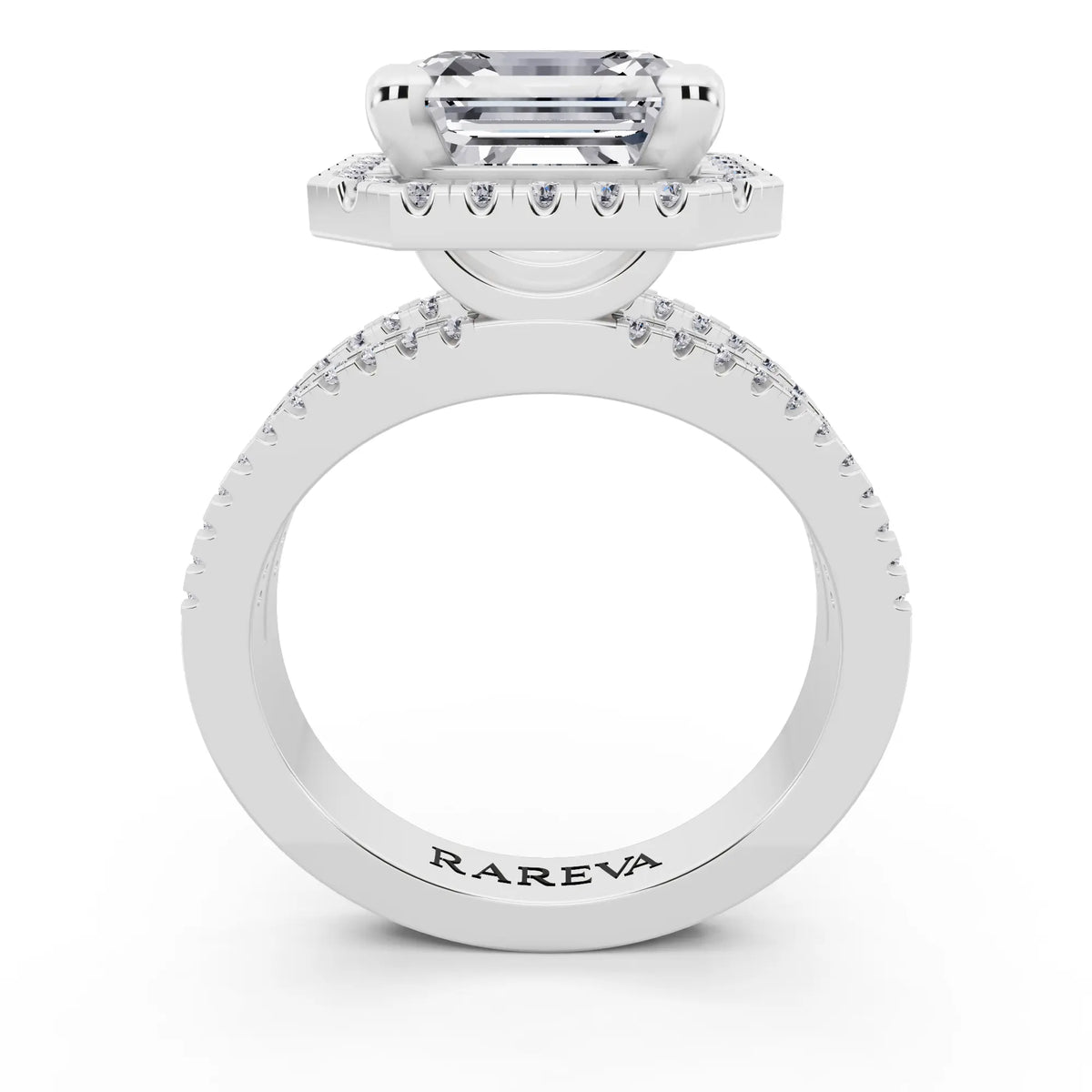 18 KT White Gold Asscher Cut Diamond Halo Ring with Pave Split Shank - through finger