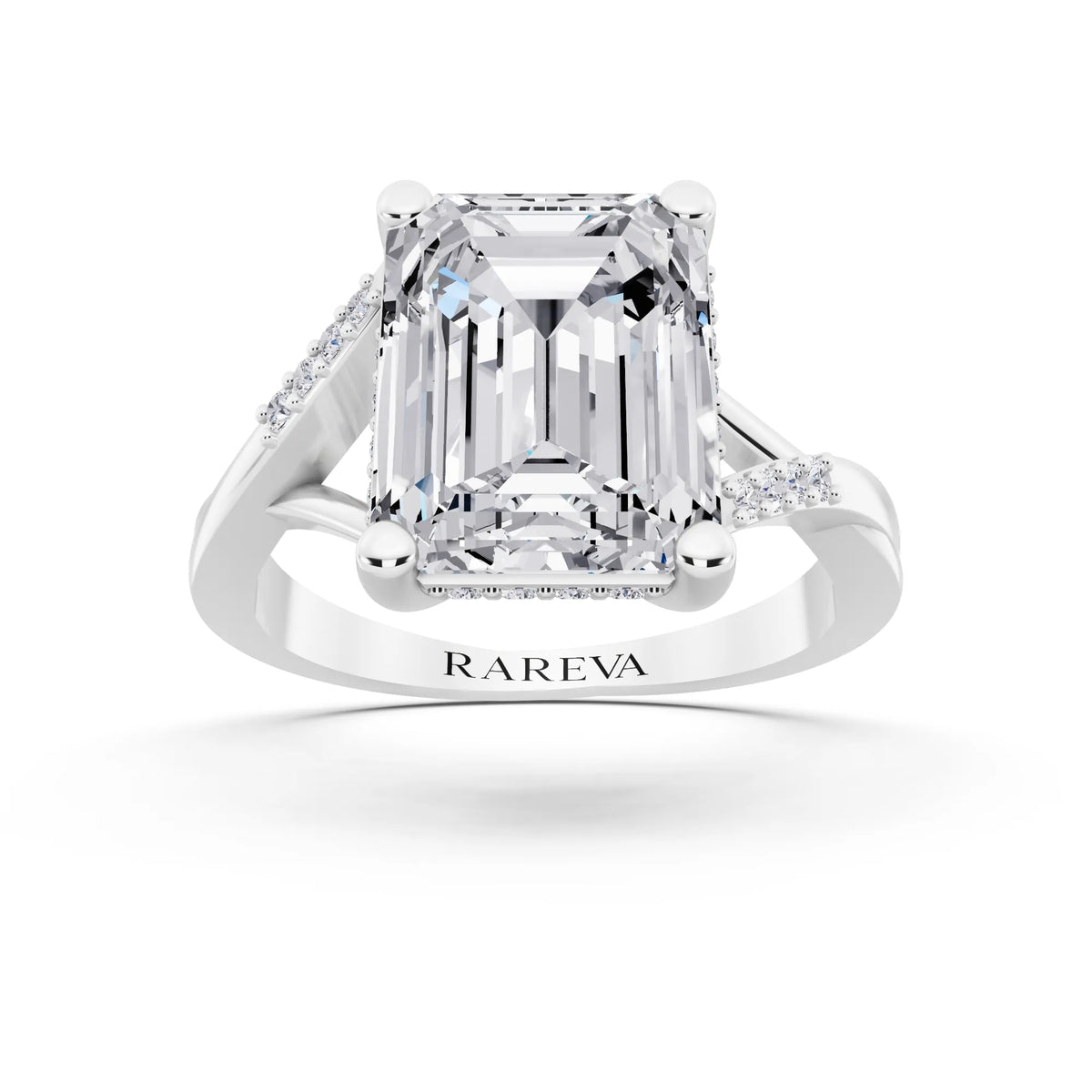 14 KT White Gold Emerald Cut Diamond Split Shank Engagement Ring with Hidden Halo - front view