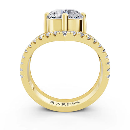 18 KT Yellow Gold Round Cut Diamond Solitaire Ring with Pave V Band - Through