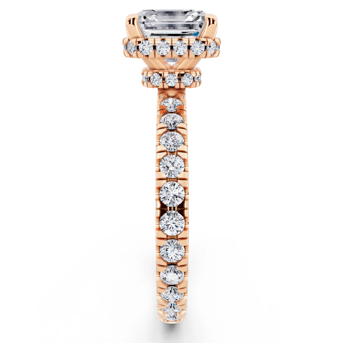 18 KT Rose Gold Asscher Cut Diamond Hidden Halo Ring with Pave Band - side view