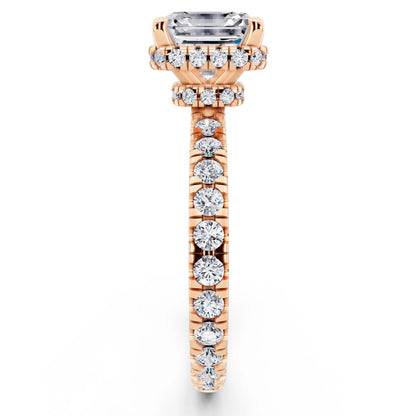 18 KT Rose Gold Asscher Cut Diamond Hidden Halo Ring with Pave Band - side view