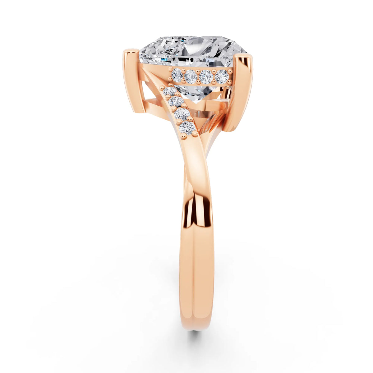 14 KT Rose Gold Heart Cut Diamond Split Shank Engagement Ring with Hidden Halo - side view